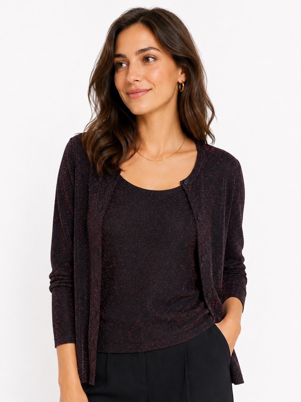 Vanity Fair Shimmer Twin Set Cardigan & Shell Top Women’s Plus Size 3X Black Red